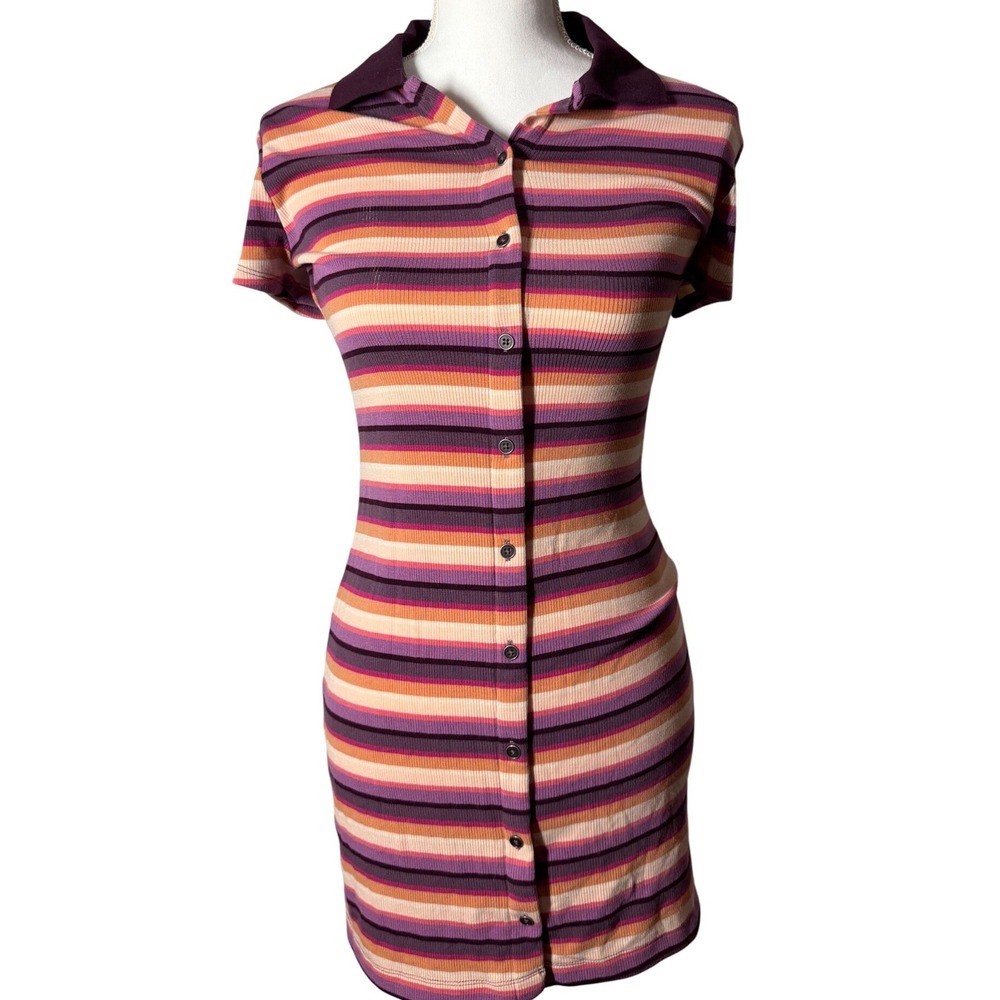 Wild Fable Ribbed Striped Button Front Mini Dress S Purple Orange Excellent